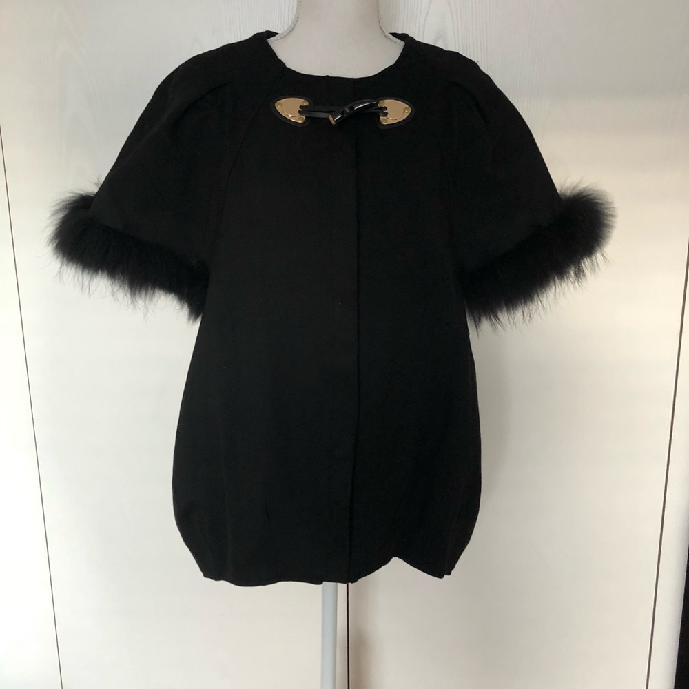 Stylish Black Wool Cape. Real Fur Trim on Sleeves